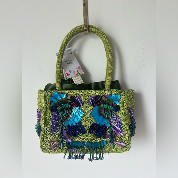 made in india Handbags - Viral Green Floral Beaded Sequins Drawstring Bag